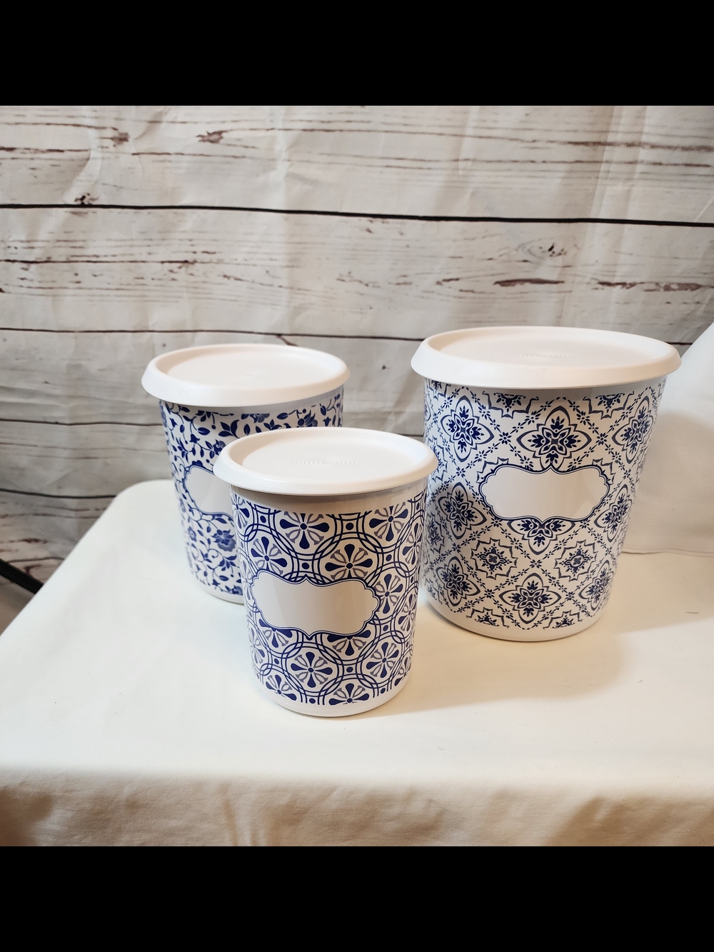 Tupperware Blue and White Patterned Canister Set with White Lids